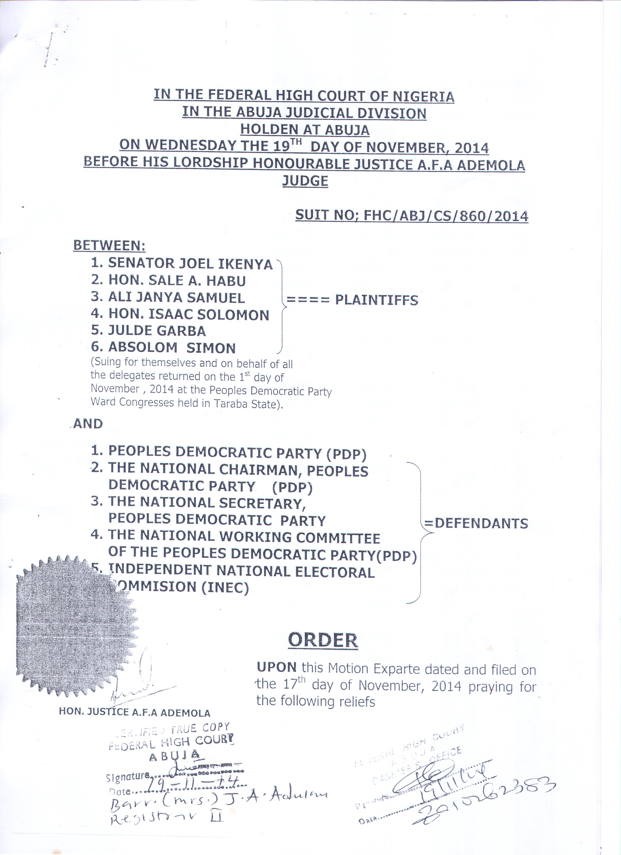 COURT ORDER FROM THE FEDERAL HIGH COURT IN ABUJA STOPPING ANY ACTION ON