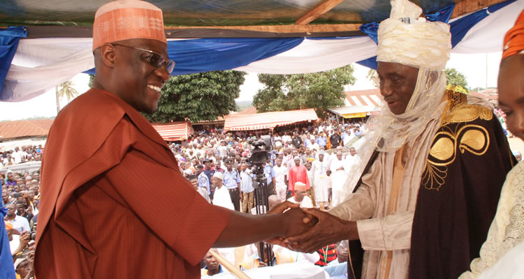 Kwara State Governor, Dr. Abdulfatah Ahmed (right) presenting 2nd Class Staff of Office to the New Emir of Ilesha Baruba, His Royal Highness Prof. Halidu Abubakar at Ilesh Baruba in Baruten LGA...Wednesday.
