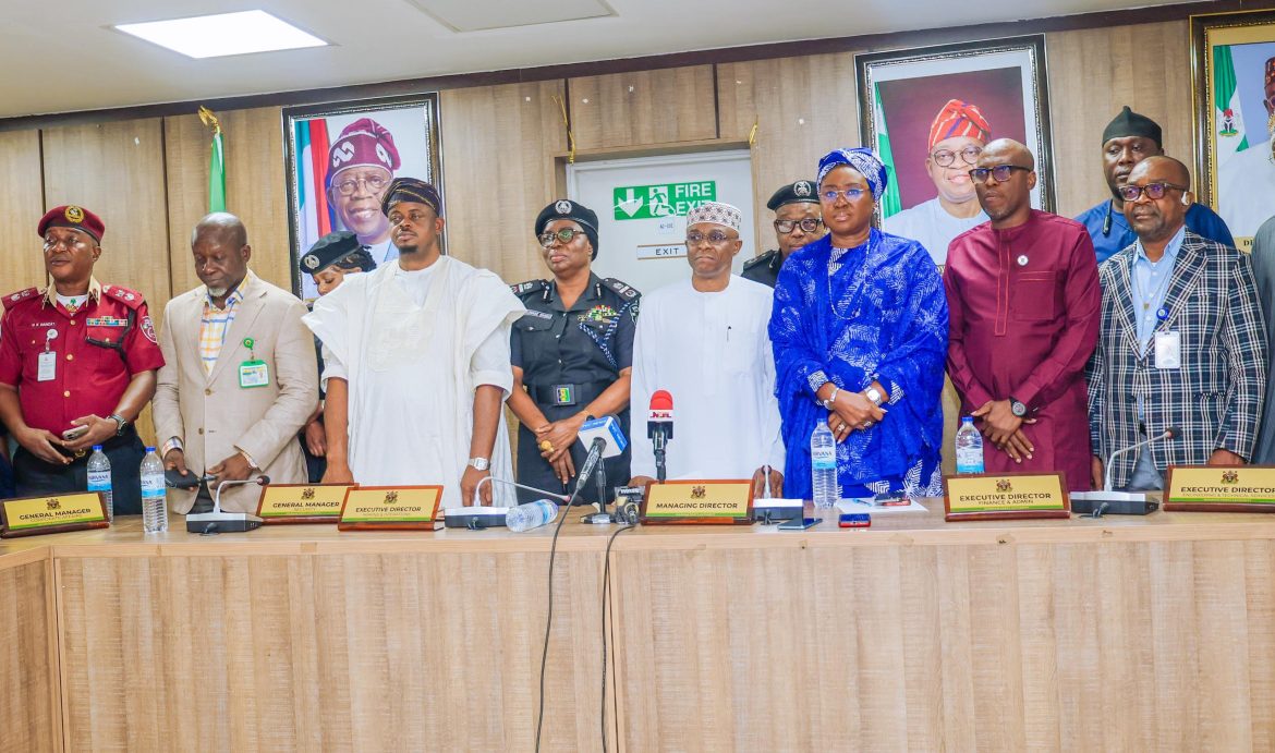 SUSTAINING PORT LOGISTICS FREE FLOW: Managing Director/CEO NPA Dr. Abubakar Dantsoho (4th Right) Asst. Inspector General of Police (Maritime) AIG Nurat Okunade (4th Left), Rep. Commissioner of Transport Lagos, Mr. Ojowuro Olasunkanmi (2nd Right) Executive Director F&A NPA    Mrs Vivian Richard-Edet (3rd Right), Executive Director M&O Engr. Olalekan Badmus(3rd Left),  Secretary-General National Association of Government Approved Freight Forwarders (NAGAFF) Dr. Godfrey Nwosu (1st Right) General Manager Security NPA, Mr. Anthony Edosomwan (2nd Left) and FRSC Sector Commander Lagos, Corp Commander Ganiyu Hamzat (1st Left) on Tuesday 23rd June, 2026 during Port Stakeholders Meeting convened by the NPA to address issues of Jurisdictional Overlaps and extortion along Tincan and Apapa Ports access roads.